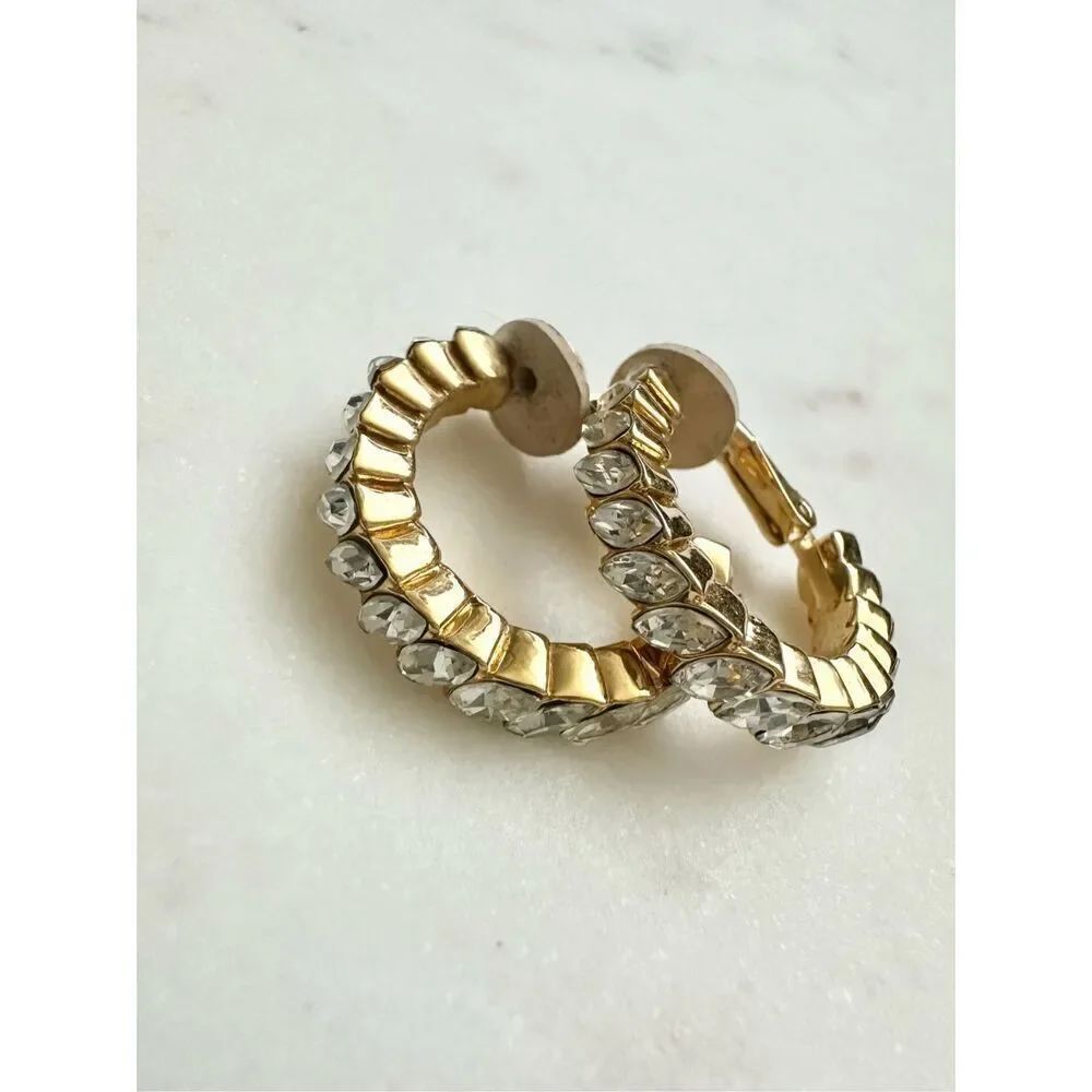 Gold rhinestone marquee gold hoop clip on earrings 